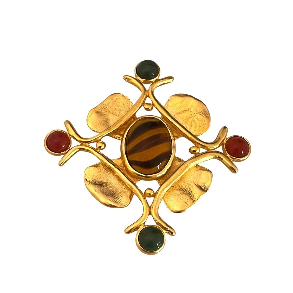 Vintage 1980s Brooch Oversized Multicolor Cabochon Modernist Gold Tone - 9P
